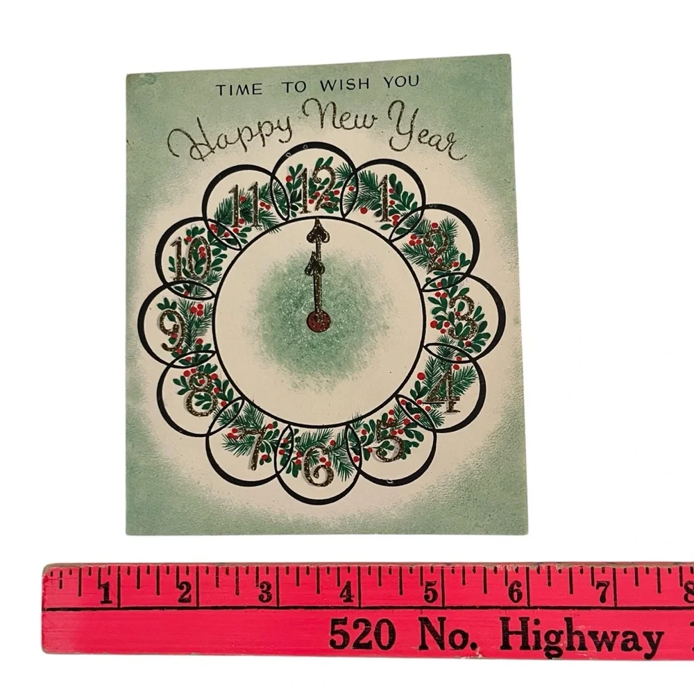 Unused Vintage Greeting Card Happy New Year Green Glitter Clock
